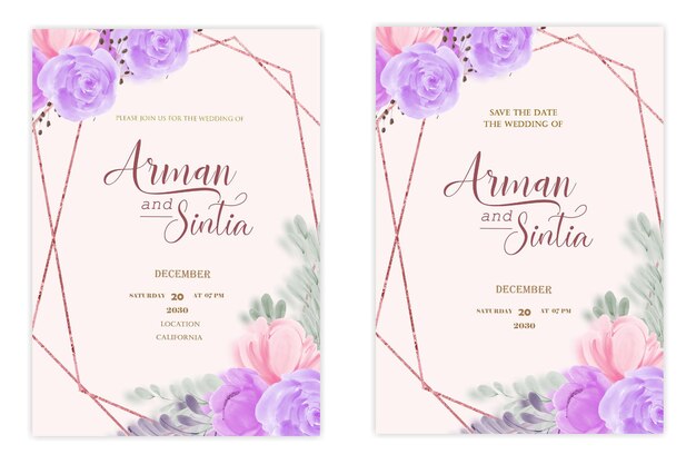 PSD double sided wedding invitation template with watter color flowers premium psd