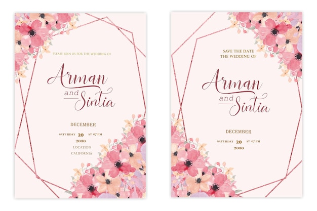 PSD double sided wedding invitation template with watter color flowers premium psd