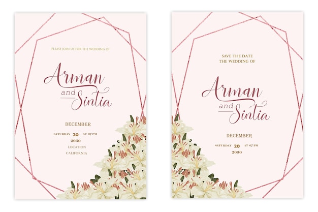 Double sided wedding invitation template with watter color flowers premium psd