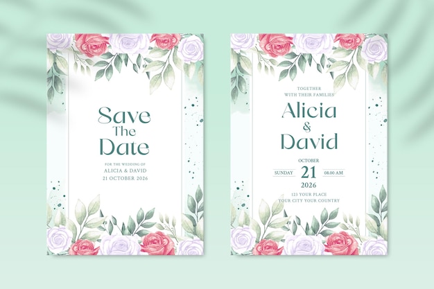 PSD 白とピンクの花の両面の結婚式の招待状のテンプレート premium psd