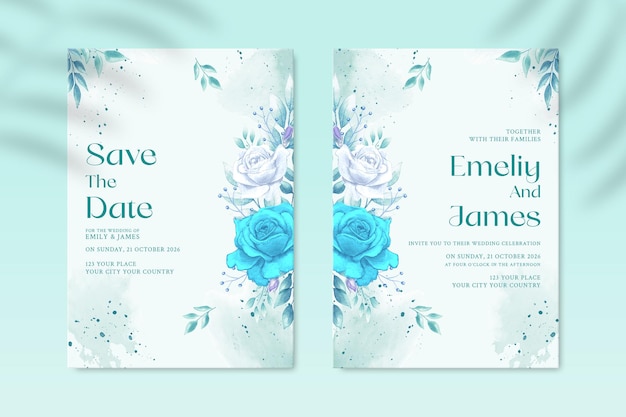 Double sided wedding invitation template with white and blue flower premium psd