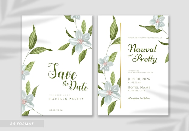 Double sided wedding invitation template with white flower and green leaves watercolor