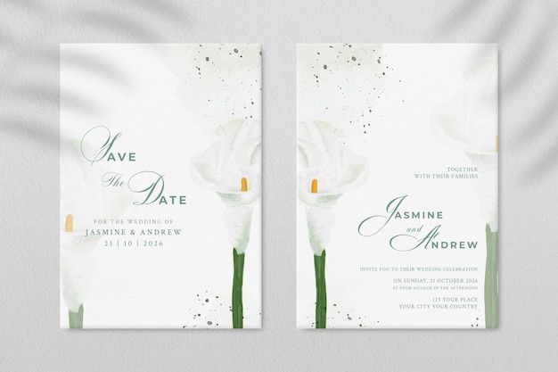PSD 白い花のプレミアムpsdと両面結婚式の招待状のテンプレート