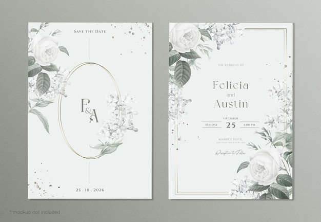 PSD double sided wedding invitation template with white flower