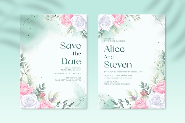 白とピンクの花の両面の結婚式の招待状のテンプレート Premium Psd