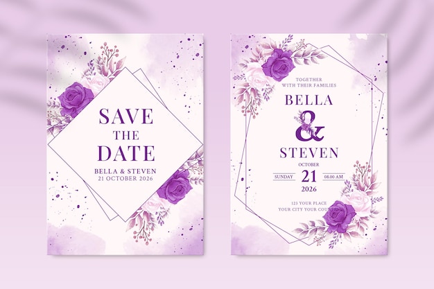 Double sided wedding invitation template with white and purple flower premium psd