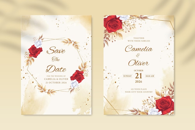 Double sided wedding invitation template with white and red flower Premium Psd