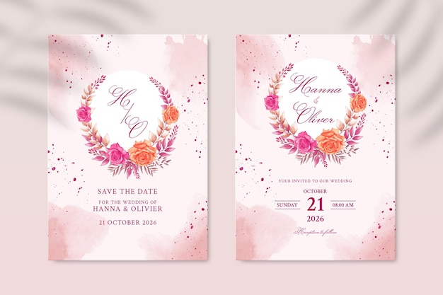 double sided wedding invitation template with yellow and pink flower premium psd