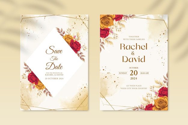 Double sided wedding invitation template with yellow and red flower premium psd