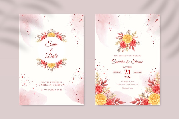 double sided wedding invitation template with yellow and red flower premium psd