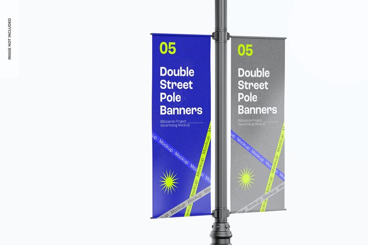 PSD double street pole banner mockup right view
