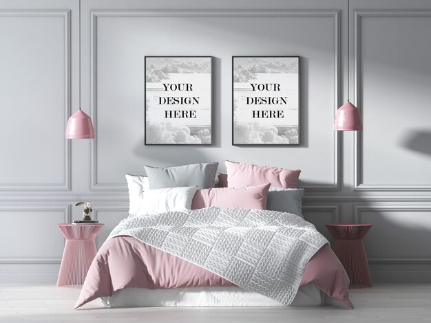 PSD double-wall frame mockup in beautiful bedroom