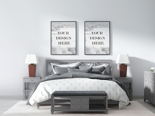 Double wall frame mockup in interior with grey bedroom furniture