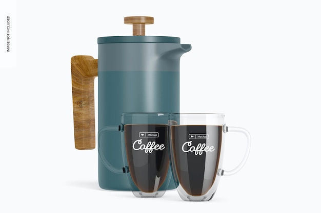 Tazze in vetro a doppia parete con mockup di caffettiera