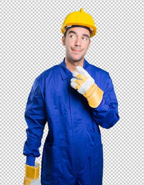 doubtful workman on white background