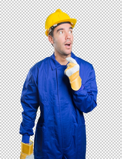 PSD doubtful workman on white background