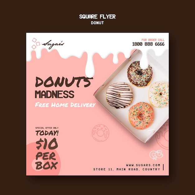 PSD doughnuts madness in box square flyer template