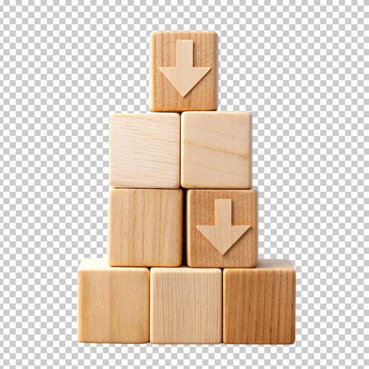 PSD down arrow on wood block stacking business concept