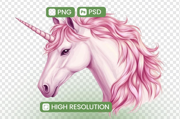 Download deze HighResolution Pink Unicorn Head Illustration in PNG en PSD formaten Perfect voor Graphic Design Projecten en Digitale Kunst Met magische wezens en Fantasy thema's