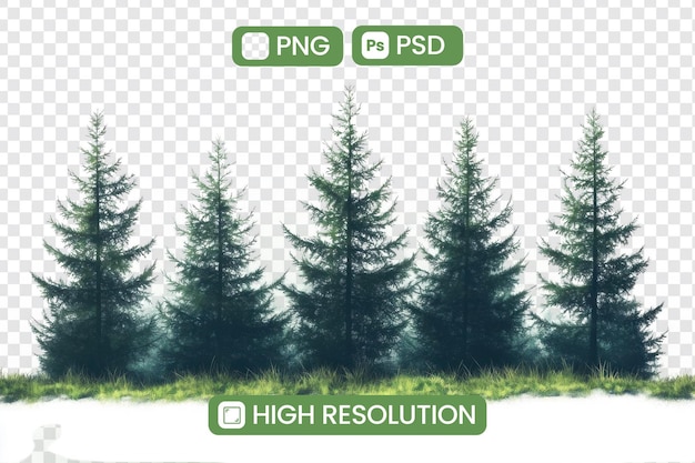 高解像度のPNGとPSD画像をダウンロードします 茂った緑の草原に立つ壮大な常緑の木々 やかな自然のシーンを呼び起こします デザインプロジェクトに最適でやかな美しさのタッチを追加します