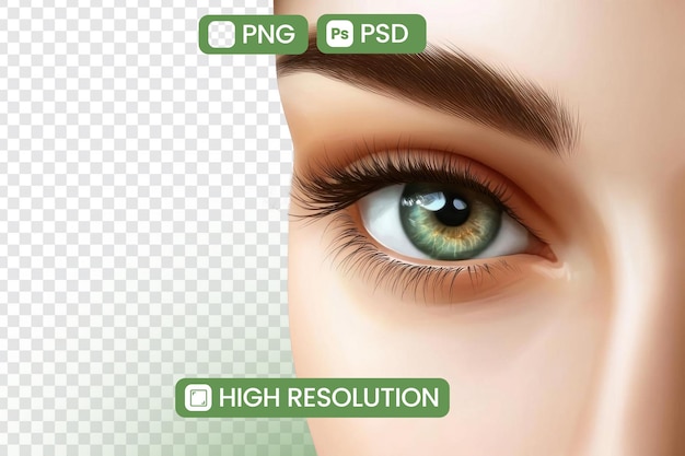 高解像度の眼の画像をダウンロードする - デジタルアーティストやデザイナーに最適なPNGとPSDフォーマット - グリーンアイリスと長い眉毛 - グラフィックプロジェクトと視覚的な強化に最適です