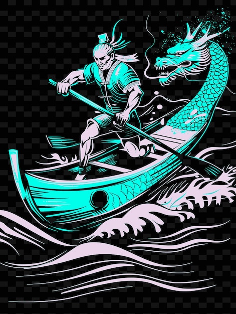 PSD dragon boat racer paddling met gesynchroniseerde pose met dete illustratie flat 2d sport achtergrondr