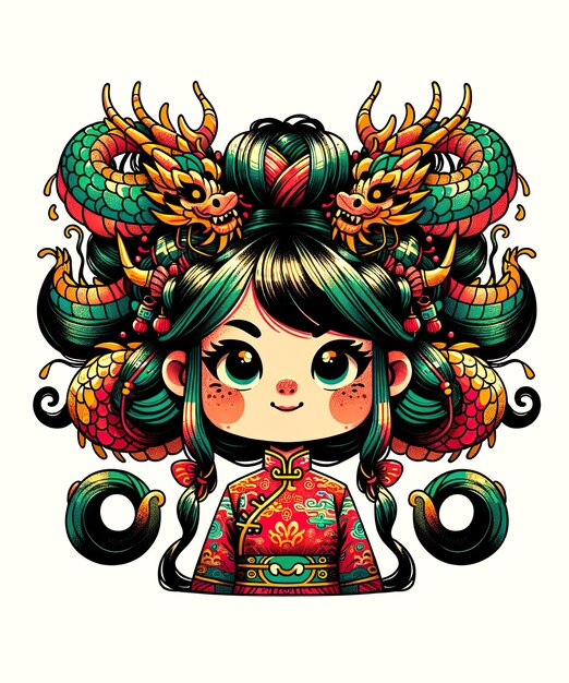 PSD dragon bun girl in traditional dress year of the dragon