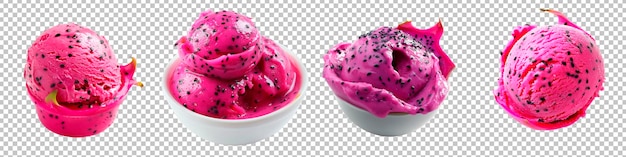 PSD dragon fruit ice cream scoops isolated on transparent background