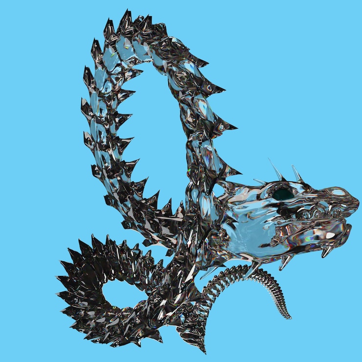 PSD a dragon made of metal and metal is shown with a blue background