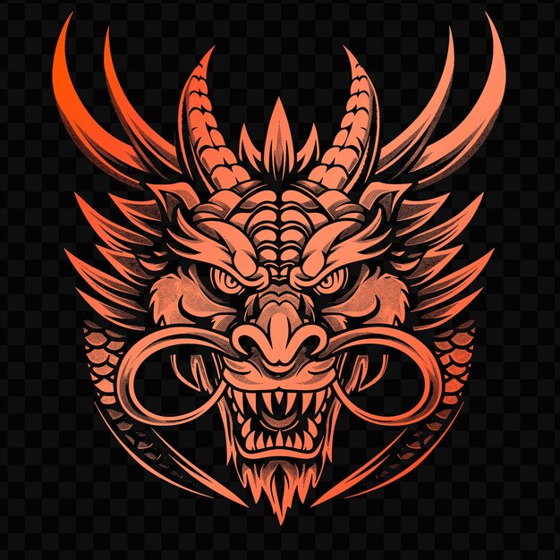 A dragon with horns on its head is on a black background