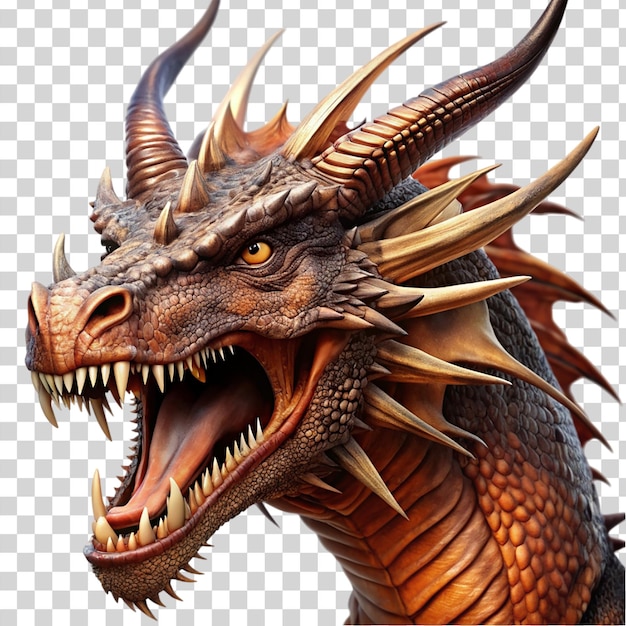 PSD dragon with sharp horns and sharp teeth isolated on transparent background