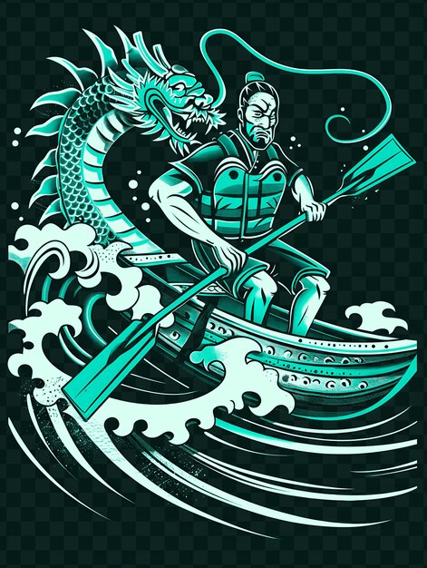 A dragon with a sword in the middle of the water