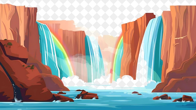 dramatic canyon waterfall landscape with towering cliffs and illustration natural scenery design