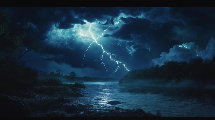 PSD dramatic lightning strike over a dark river at night illuminating the stormy sky and silhouetted trees