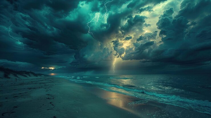 PSD a dramatic lightning strike illuminates the dark stormy sky over a sandy beach