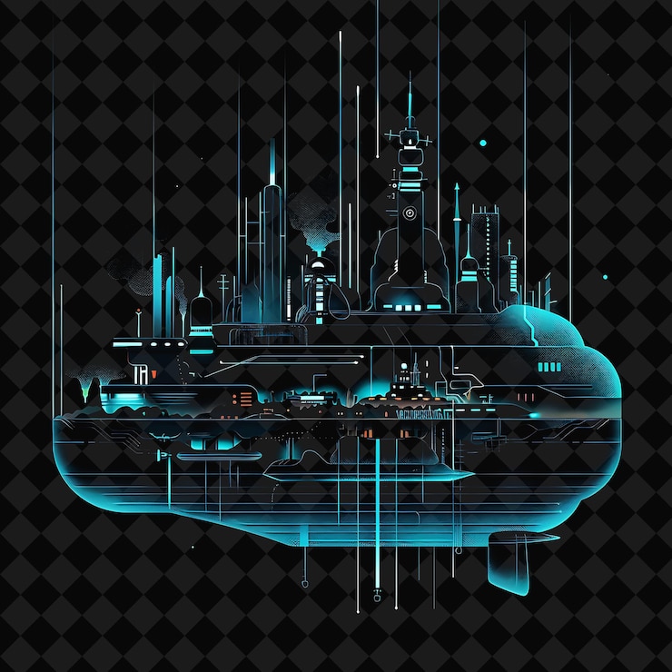 PSD dramatic neon mariana trench city with a silhouette of a sub png y2k ocean of light collections
