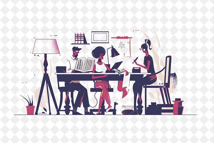 PSD dramatic playwright with characters writing and producing pl png people in daily work illustration