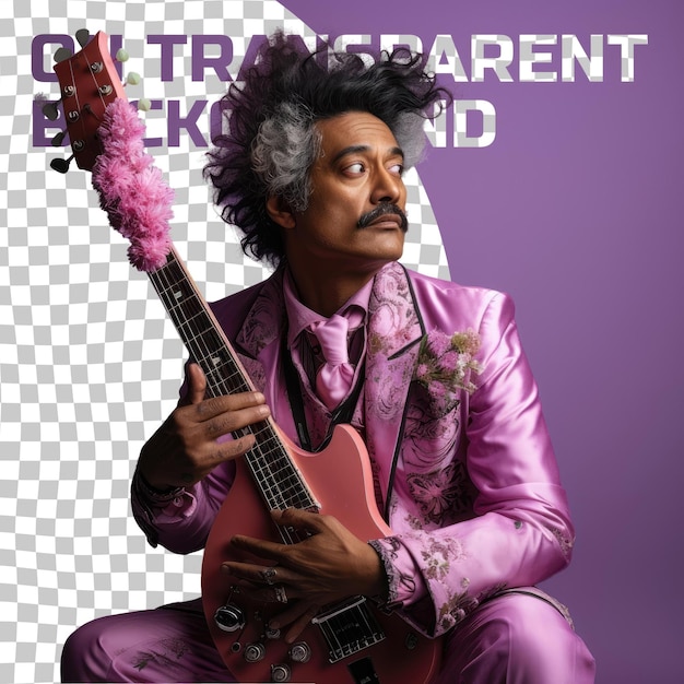 PSD dramatic south asian man poses in musician attire against lavender background