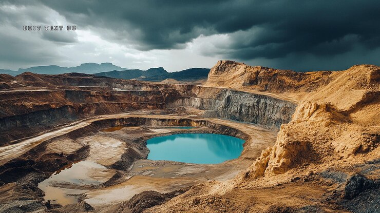PSD dramatic storm clouds over a turquoise lake in a vast quarry