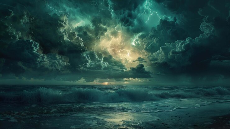PSD a dramatic storm over the ocean with ominous dark clouds lightning and crashing waves