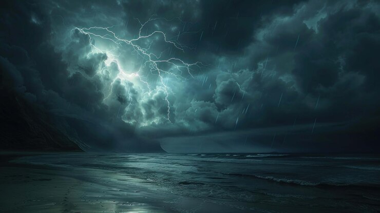 PSD a dramatic storm rages over a dark stormy ocean with a single lightning bolt illuminating the sky