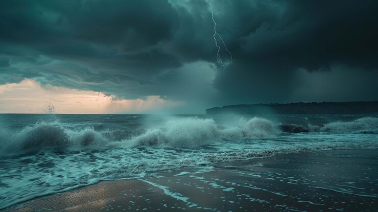 PSD dramatic stormy seascape with crashing waves and lightning strike in the distance