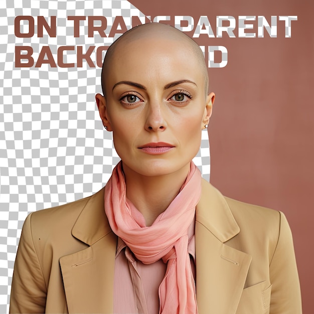 PSD dramatic uralic reporter anxious bald woman stuns in pastel look upwards