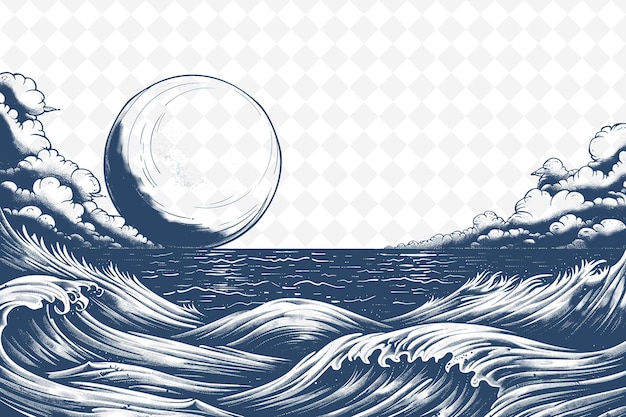 PSD un disegno di una scena sulla spiaggia con una luna e un gabbiano sull'acqua