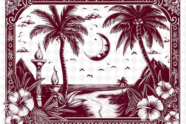 PSD un disegno di una scena sulla spiaggia con palme e un faro