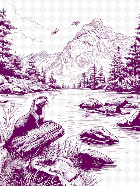 PSD a drawing of a bear in a forest with mountains in the background