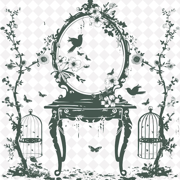 A drawing of a bird cage with birds in the background