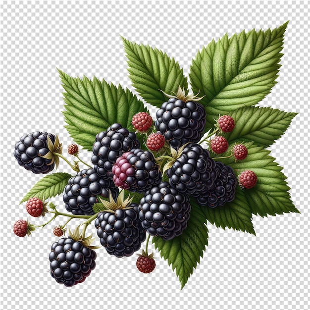 PSD a drawing of a black and green blackberry with leaves and berries