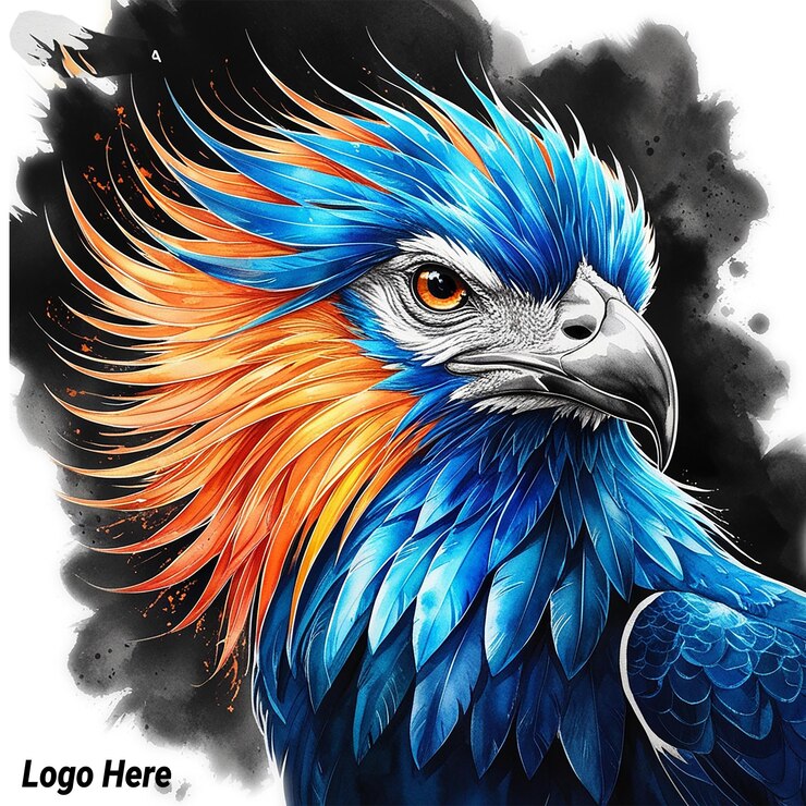 PSD a drawing of a blue bird with the word here on it