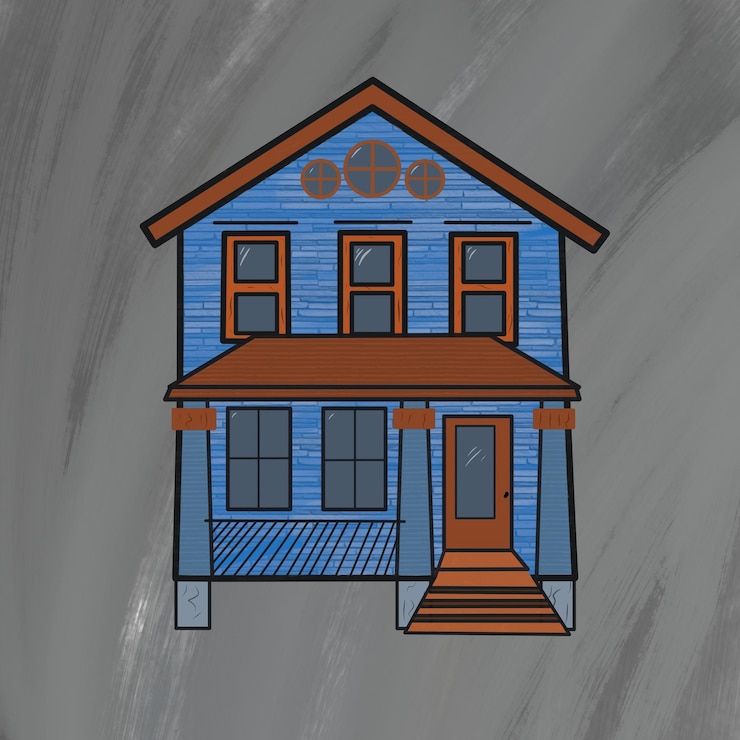 PSD a drawing of a blue house with a letter a on it